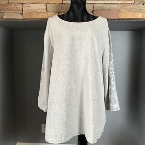 Pure Jill Embroidered Preppy Linen Tunic Top Lagenlook Coastal Classic Gray 3X